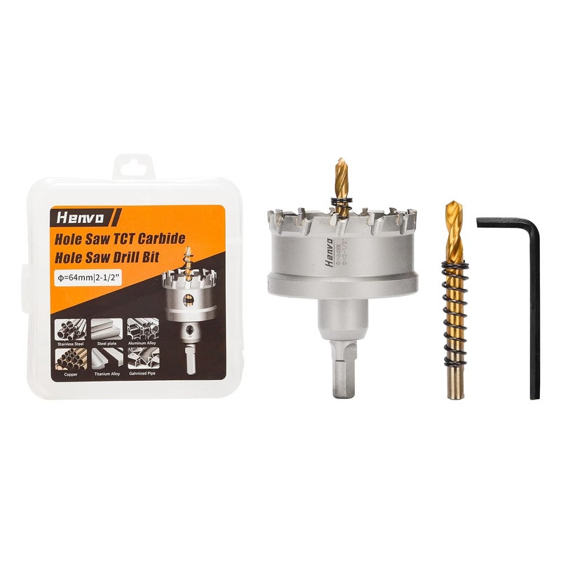 Henvo Hole Saw 2-1/2" (64mm) Heavy Duty Carbide with 2 Pilot Drill Bits - Metal Hole Cutter Cuts Stainless Steel, Iron, Copper, Brass, Plastic - Image 1